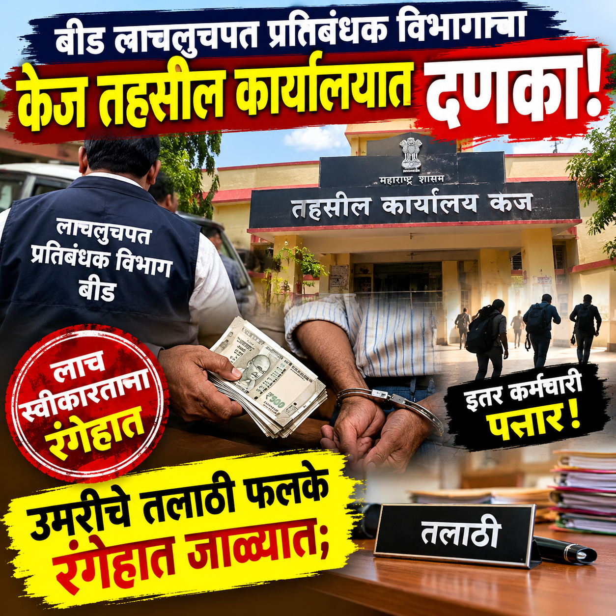 बीड लाचलुचपत प्रतिबंधक विभागाचा केज तहसील कार्यालयात दणका! उमरीचे तलाठी फलके रंगेहात जाळ्यात; इतर कर्मचारी पसार!